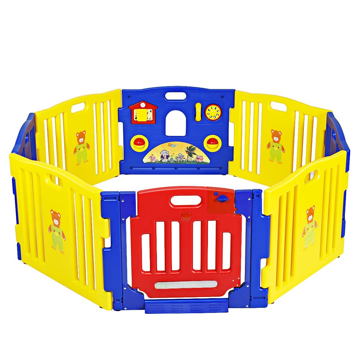 01-1 Vaikų žaidimų aptvaras su 8 panelėmis ir saugos durimis (Spalvotas)