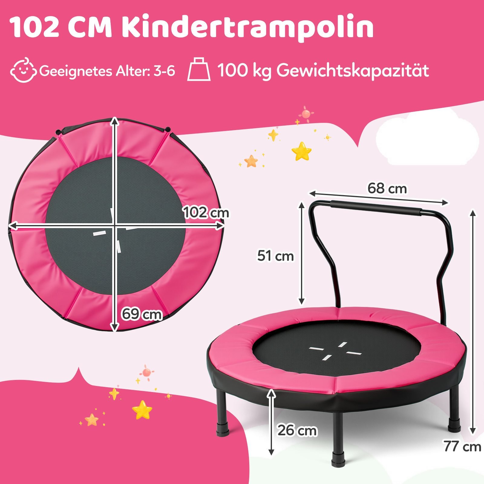Vaikų treniruočių batutas su nuimama rankena Ø102 cm (Rožinė)