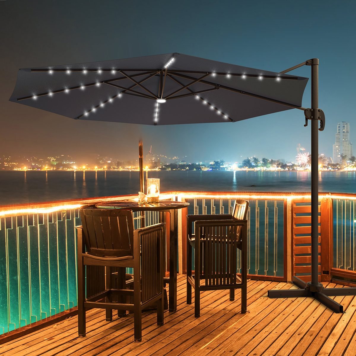 _10_4 Atverčiamas lauko skėtis su LED apšvietimu (Pilka)