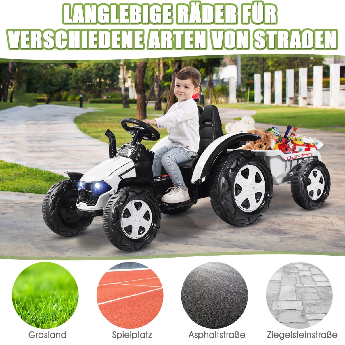 Elektrinis vaikiškas traktorius su priekaba (Balta)