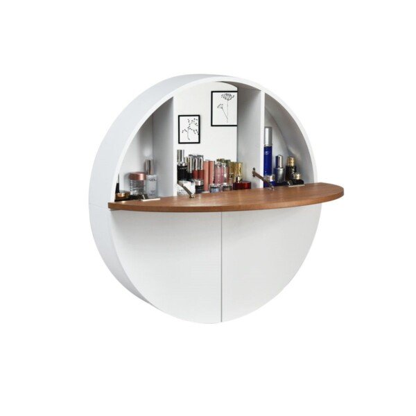 Kompaktiškas sieninis praustuvo staliukas su veidrodžiu (Balta)