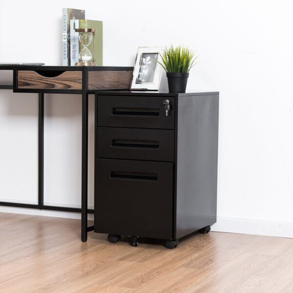 Kompaktiškas biuro konteineris su trimis stalčiais (Juoda)