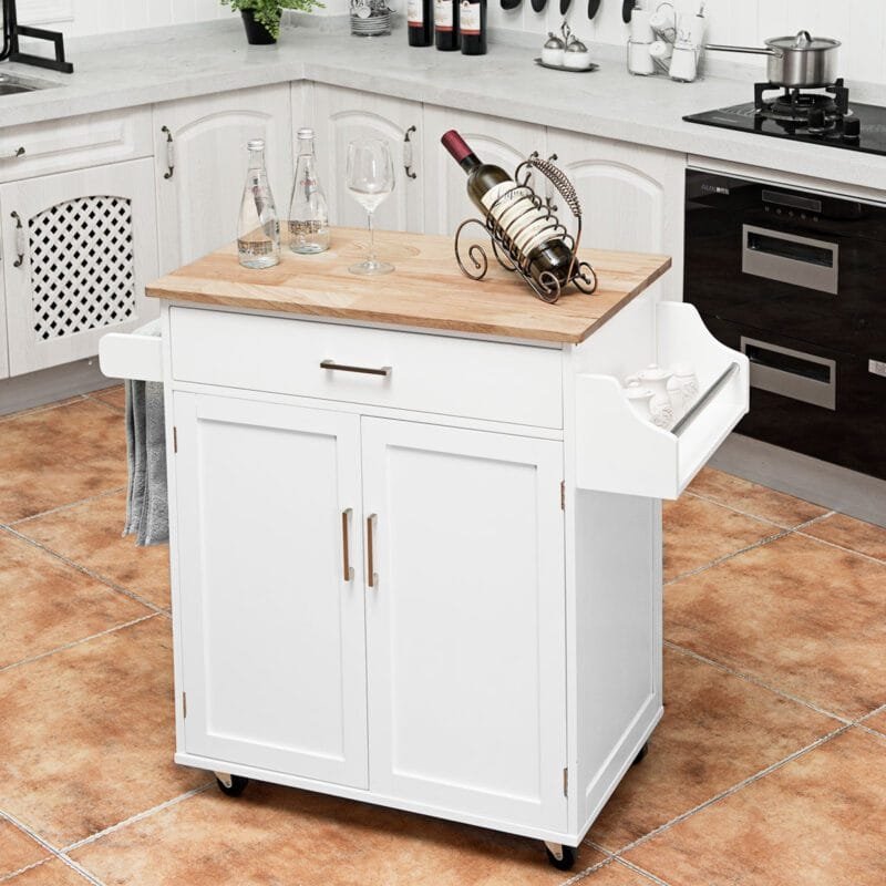 Mobilioji virtuvės salelė su medine darbine plokšte ir laikymo spintelėmis (Balta)