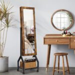 Pastatoma papuošalų spintelė su pilno ilgio veidrodžiu ir lentynomis (Ruda)