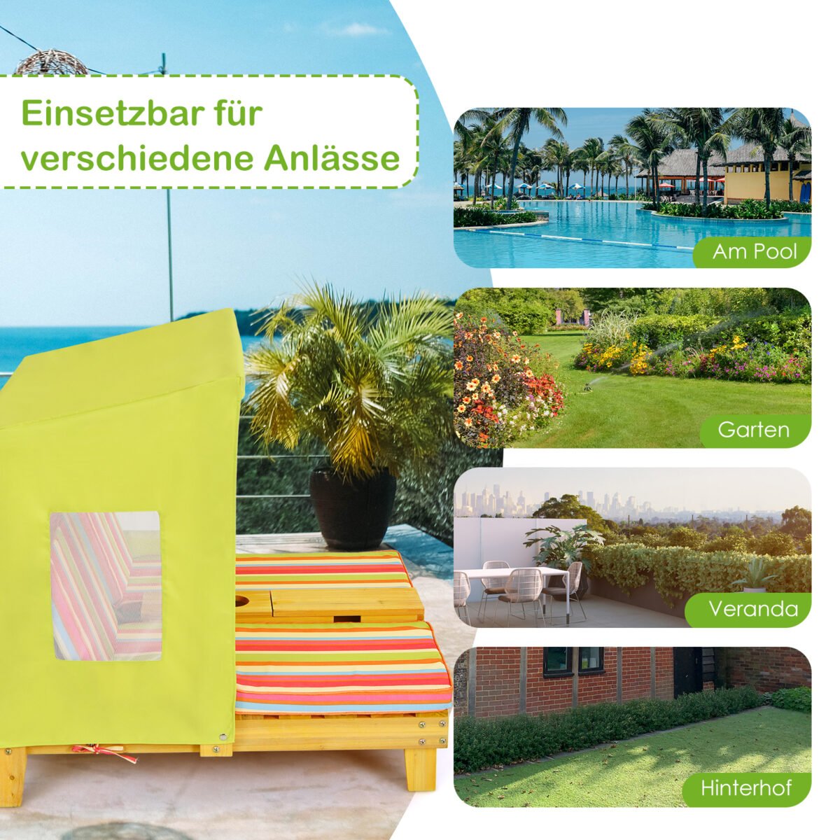 Medinis lauko krėslas dviem vaikams su markize ir puodelių laikikliais (Spalvotas)