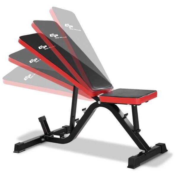 Reguliuojamas treniruočių suoliukas su sėdynės ir atlošo reguliavimu (Raudona ir juoda)