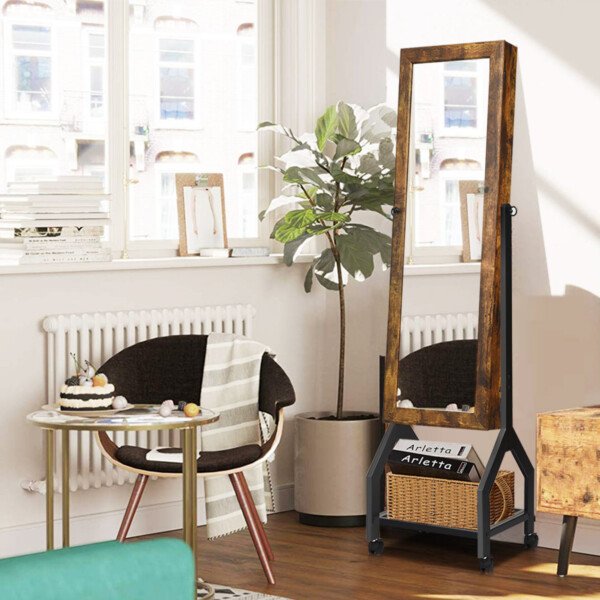 Pastatoma papuošalų spintelė su pilno ilgio veidrodžiu ir lentynomis (Ruda)