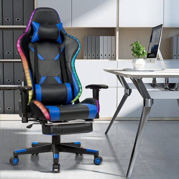 Ergonomiška žaidimų kėdė su reguliuojamu atlošu ir ištraukiama kojų atrama (Mėlyna)