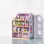 Didelis 4 aukštų medinis lėlių namelis su baldais (Rožinė)
