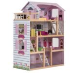 Didelis 4 aukštų medinis lėlių namelis su baldais (Rožinė)