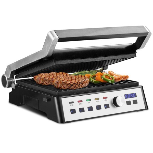 Elektrinis kontaktinis grilis su aukščio reguliavimu ir 2000 W galios (Sidabrinė)