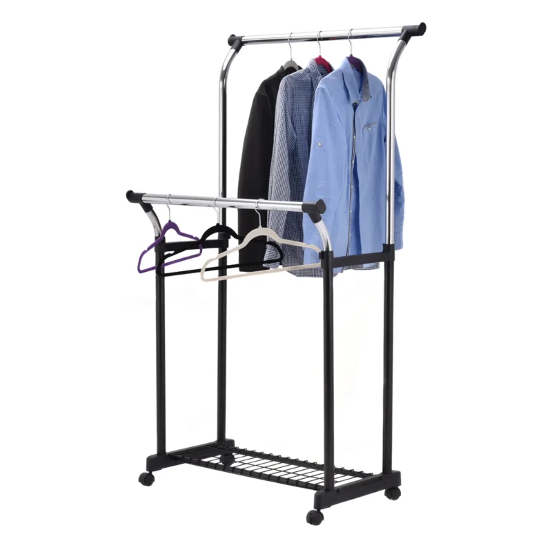 Reguliuojamo aukščio mobilioji drabužių kabykla su batų lentyna (Juoda ir sidabrinė)