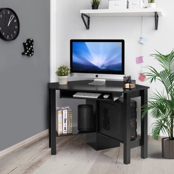 Kampinis kompiuterio stalas su didele darbo plokštuma 120 x 60 x 77 cm (Juoda)