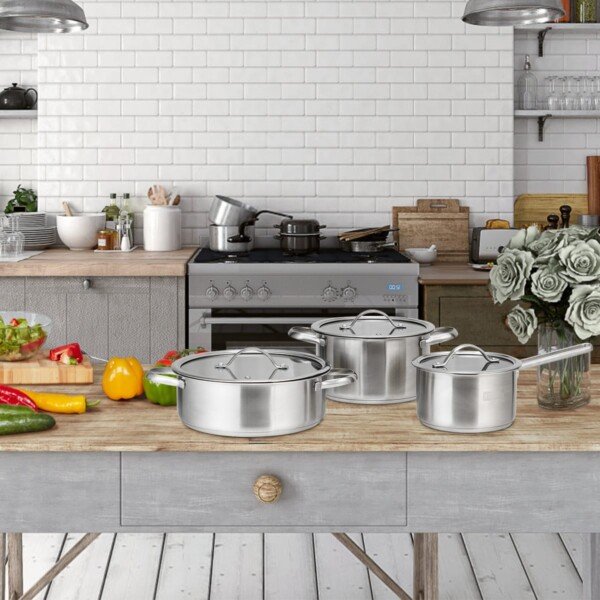 3 dalių nerūdijančio plieno puodų rinkinys su stikliniais dangčiais (Sidabrinė)