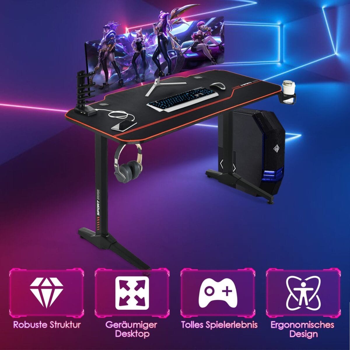 Ergonomiško dizaino žaidimų stalas su integruota USB įkrovimo stotele (Juoda)