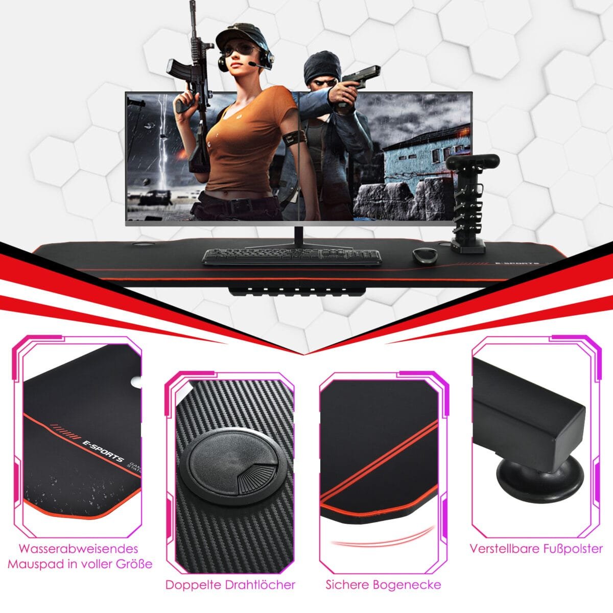 Ergonomiško dizaino žaidimų stalas su integruota USB įkrovimo stotele (Juoda)