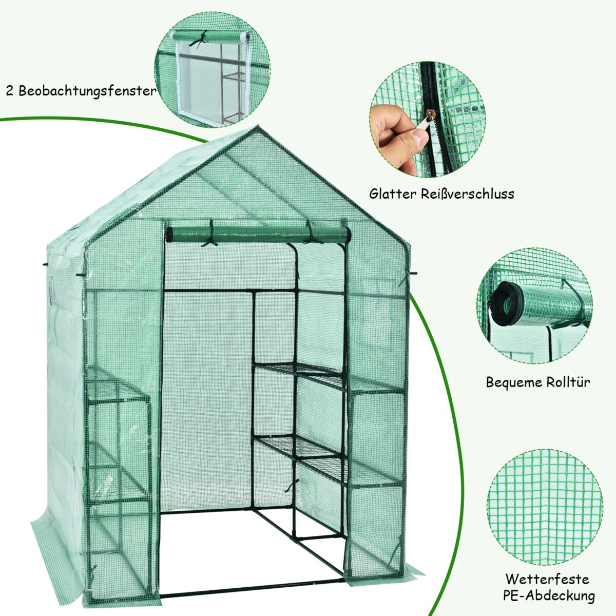 Nešiojamas šiltnamis su aštuoniomis lentynomis (Žalia)