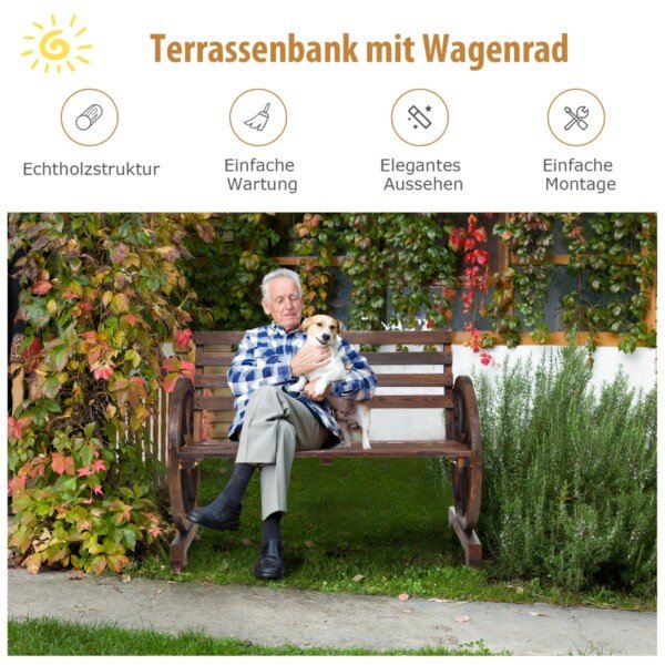 Dvivietis medinis lauko suoliukas su ratų dizaino porankiais (Ruda)