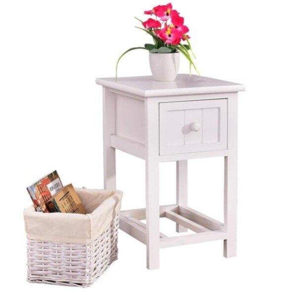 Dvipusis medinis naktinis staliukas su stalčiumi ir pintas krepšys (Balta)