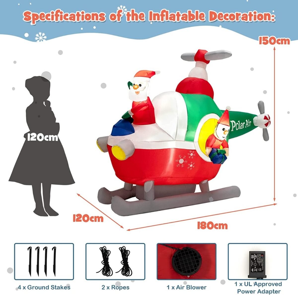 Pripučiamas Kalėdų Senelis su sraigtasparniu ir LED apšvietimu (Spalvota)