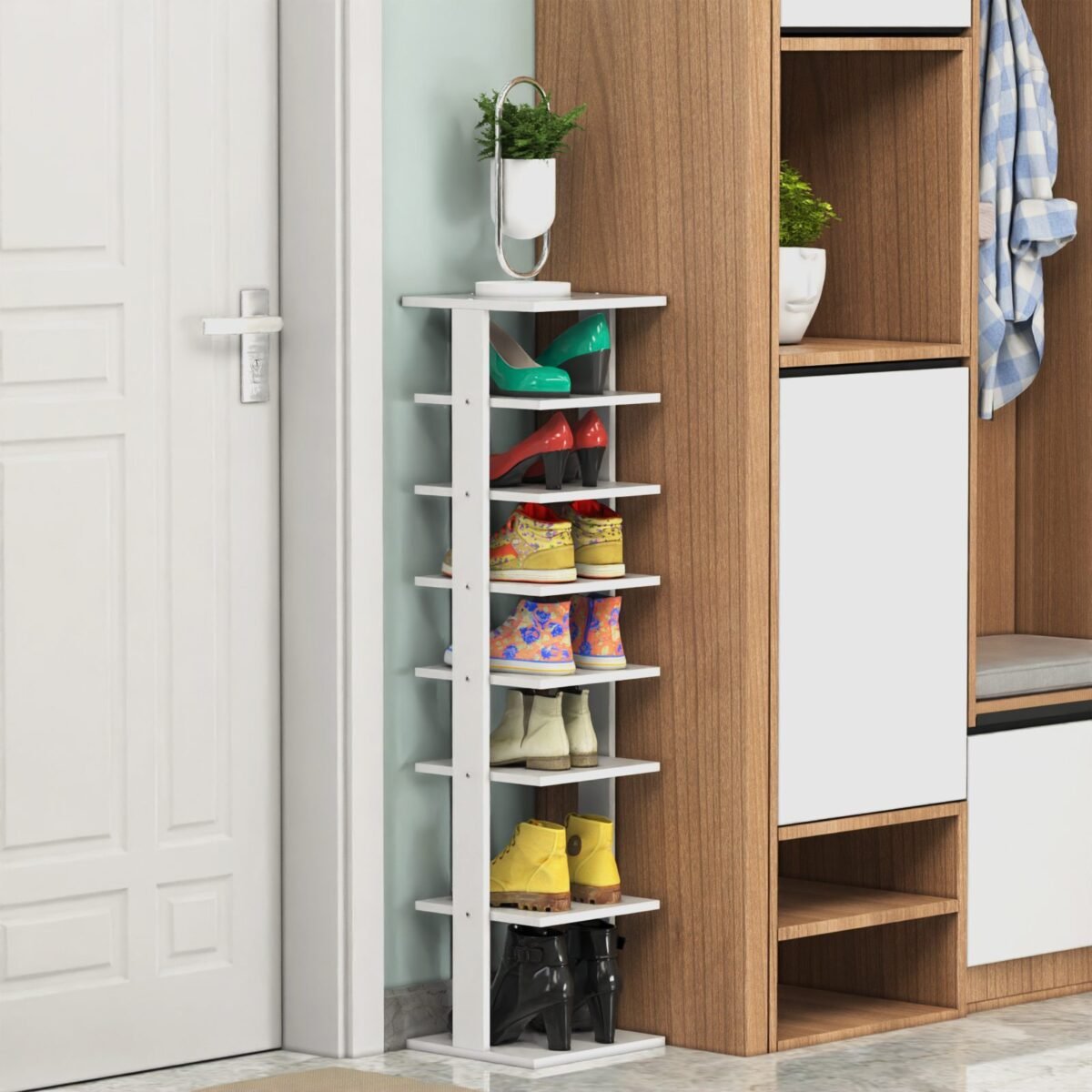 Aštuonių pakopų medinis batų organizatorius (Balta)