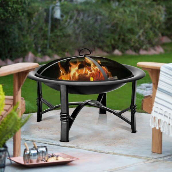 Lauko ugniavietė su grilio funkcija ir apsauginiu kibirkščių gaubtu (Juoda)