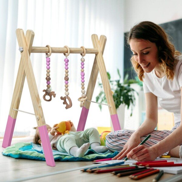Vaikiškas medinis lavinamasis žaidimų lankas (Rožinė)