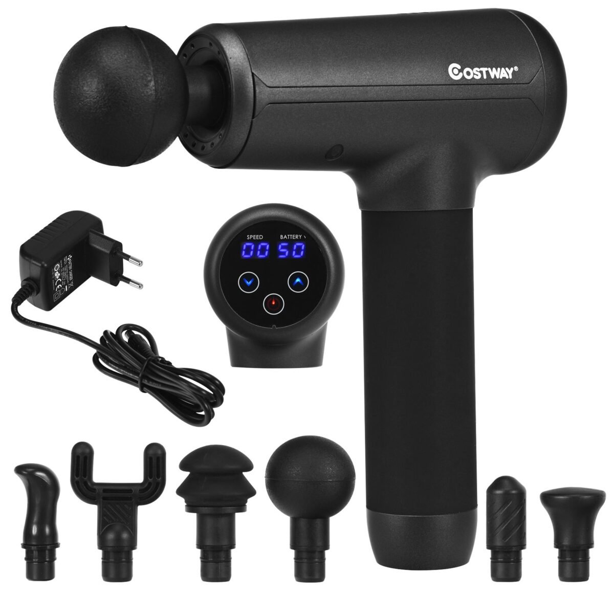 Masažinis pistoletas su 20 greičio lygių ir 6 galvutėmis (Juoda)