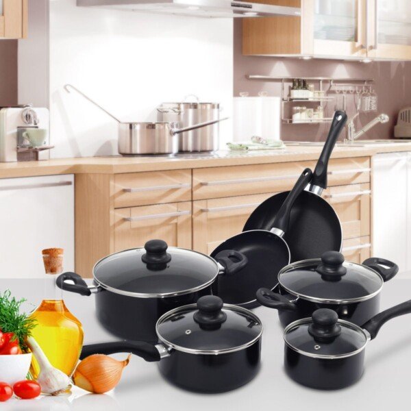 16 dalių puodų ir keptuvių rinkinys su nepridegančia danga (Juoda)