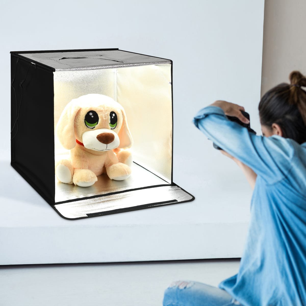 2_179 Nešiojama fotografijos palapinė su LED apšvietimu ir penkiais fonais (Juoda)