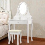 Modernus kosmetinis staliukas su veidrodžiu ir taburete (Balta)