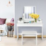 Kompaktiškas kosmetinis staliukas su veidrodžiu ir pufu (Balta)