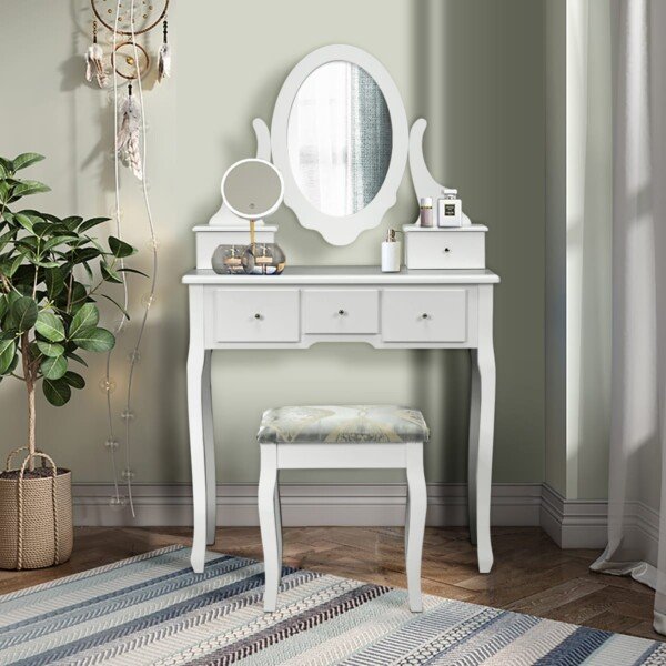 Kosmetinis staliukas su veidrodžiu ir taburete (Balta)