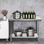 Profesionalus nerūdijančio plieno darbo stalas su reguliuojama lentyna (Sidabrinė)