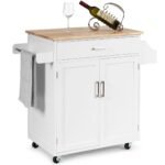 Mobilioji virtuvės salelė su medine darbine plokšte ir laikymo spintelėmis (Balta)