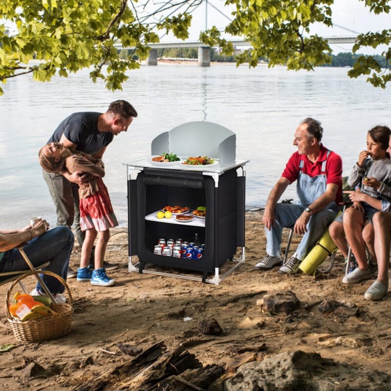 Nešiojama lauko virtuvėlė su dviejomis lentynomis (Juoda ir balta)