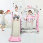 Daugiafunkcis laipiojimo sūpynių ir čiuožyklos komplektas su krepšinio lanku (Rožinė)