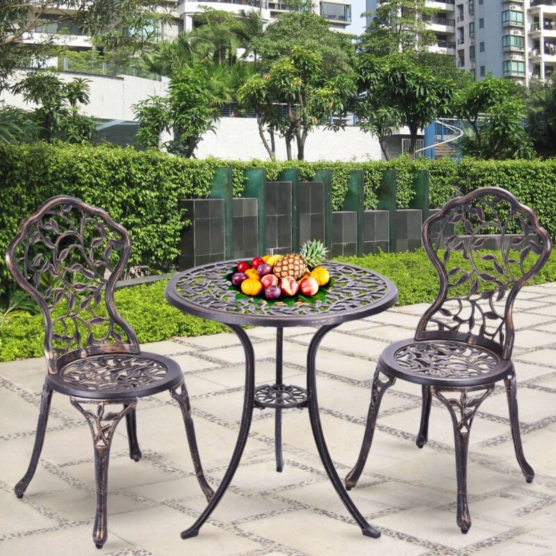 Antikvarinio stiliaus lieto aliuminio bistro komplektas su gėlių ornamentais (Bronzinė)