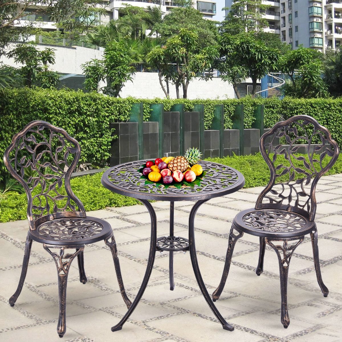 _2_3_3 Antikvarinio stiliaus lieto aliuminio bistro komplektas su gėlių ornamentais (Bronzinė)