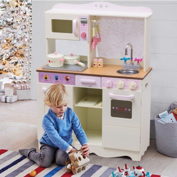 Medinė žaidimų virtuvėlė su priedais (Kreminė balta)