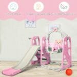 Daugiafunkcis laipiojimo sūpynių ir čiuožyklos komplektas su krepšinio lanku (Rožinė)