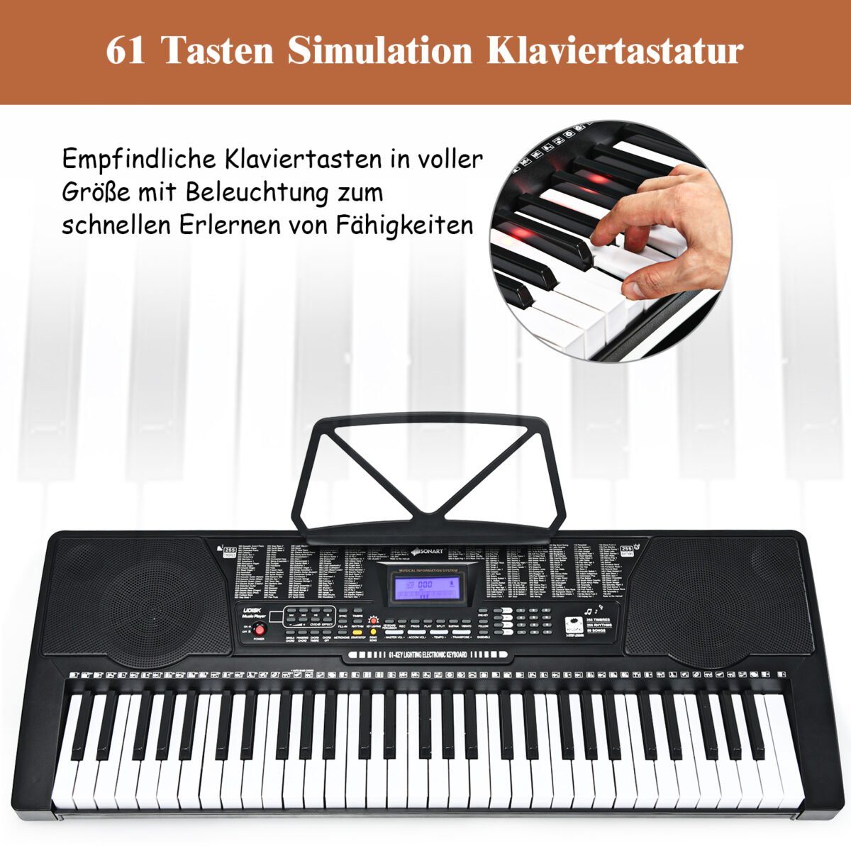 61 klavišo skaitmeninis pianinas su stovu ir mikrofonu (Juoda ir balta)