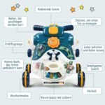 3 viename vežimėlis ir žaidimų automobilis su muzika ir šviesomis (Mėlyna ir balta)