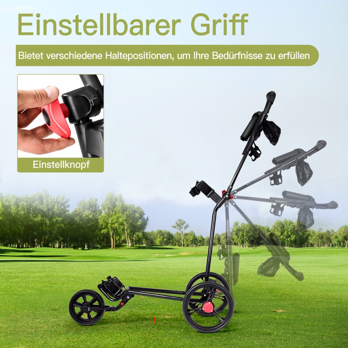 Trijų ratų sulankstomas golfo vežimėlis su reguliuojama rankena (Juoda)