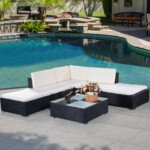 Moduliuojamas poliratano lauko baldų komplektas su stiklo stalu (Juoda)