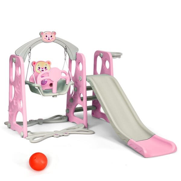 Daugiafunkcis laipiojimo sūpynių ir čiuožyklos komplektas su krepšinio lanku (Rožinė)