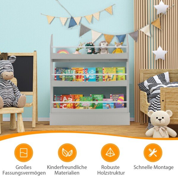 Trijų lygių vaikų knygų lentyna su apsauga nuo apvirtimo (Pilka)