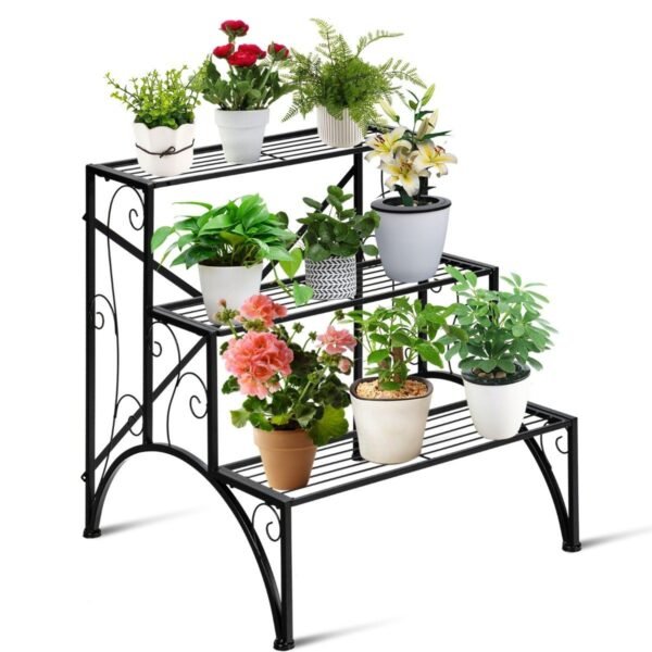 Augalų stovas su trimis lentynomis (Juoda)