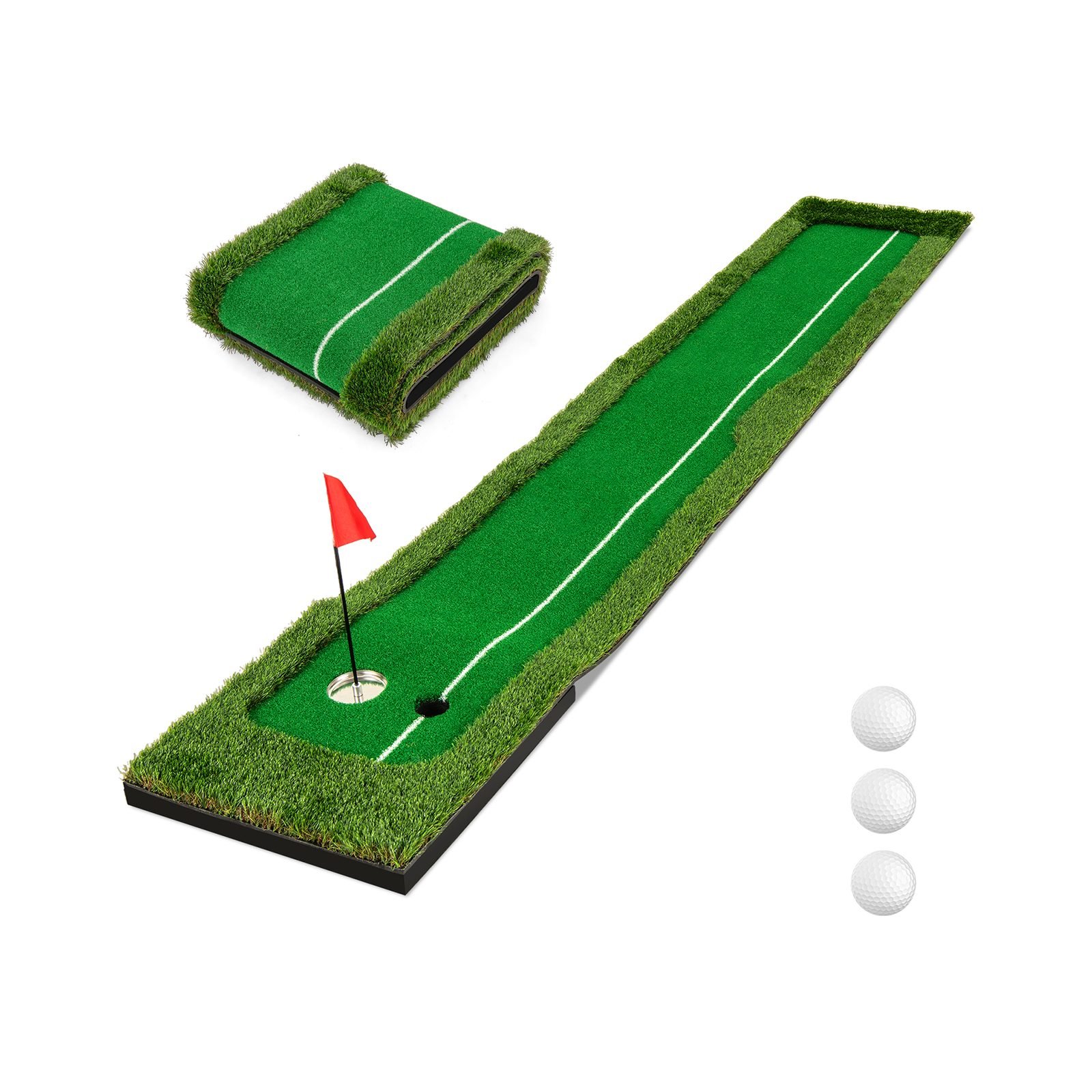 300cmgolfputtingmattegolftrainingsmattemit3golfbllenund2lochgrengolfbungsmattefaltbar_image_6 Nešiojamas golfo treniruočių takelis su dviem skylutėmis ir išlyginimo linija (Žalia)