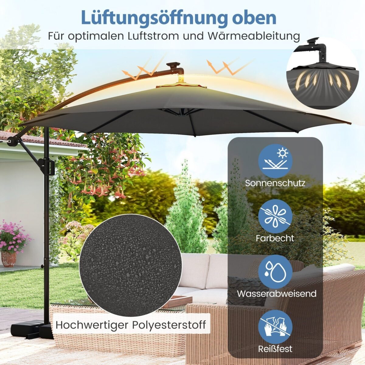 300 cm Kiemo Skėtis su LED apšvietimu ir reguliuojamu kampu (Pilka)